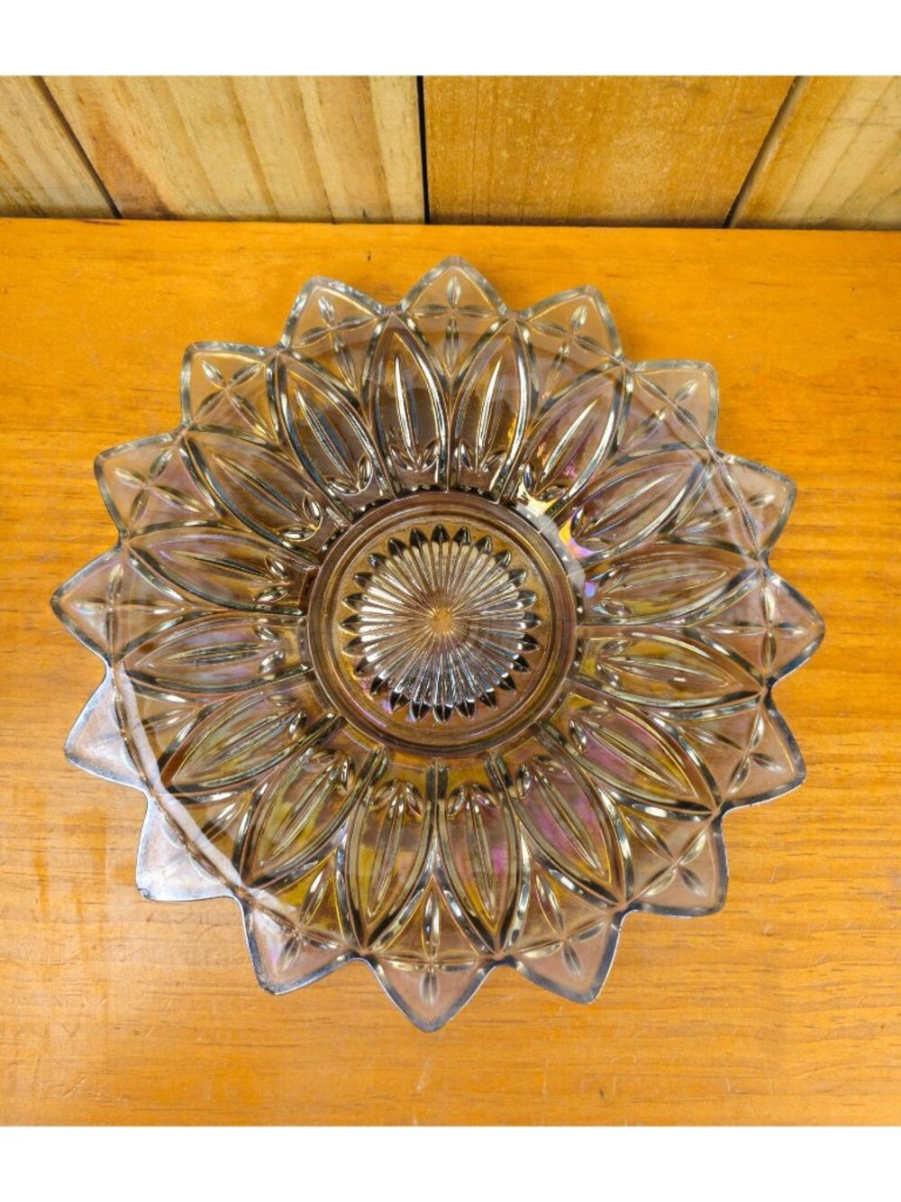 Vintage Sunburst Pressed Glass Serving Plate 11" Diameter Clear Iridescent Finis